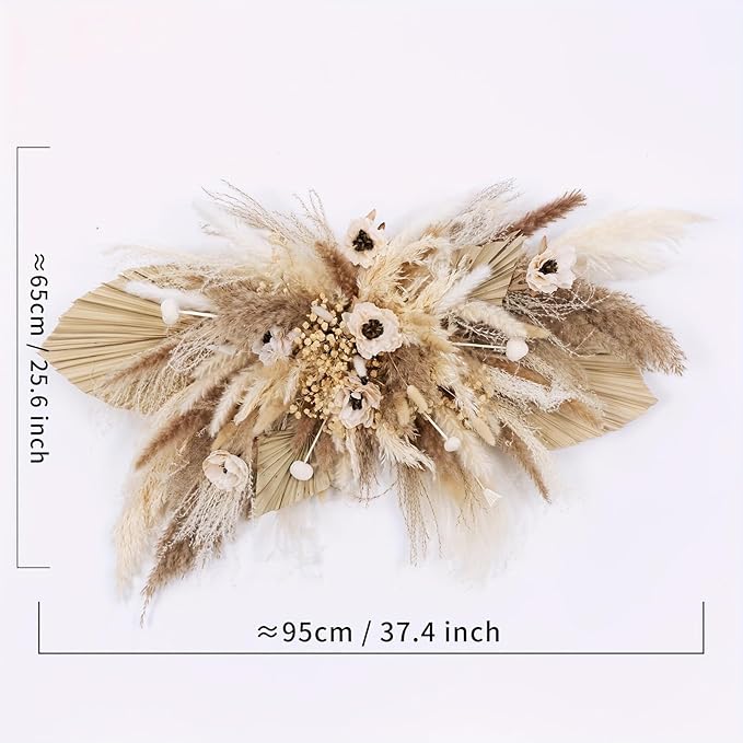 1pc DIY Modern Minimalist Pampas Grass Wall Decor – 35 Inch Natural Beige and Brown Reed Grass Arrangement for Bedroom, Office, and Gallery Walls(Ivory Cascade Wreath)