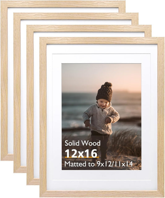 KINLINK 12x16 Picture Frame Natural, Solid Wood Frames with Acrylic Plexiglass for Pictures 11x14/9x12 with Mat or 12x16 without Mat,Wall Display Photo Frame Set of 4