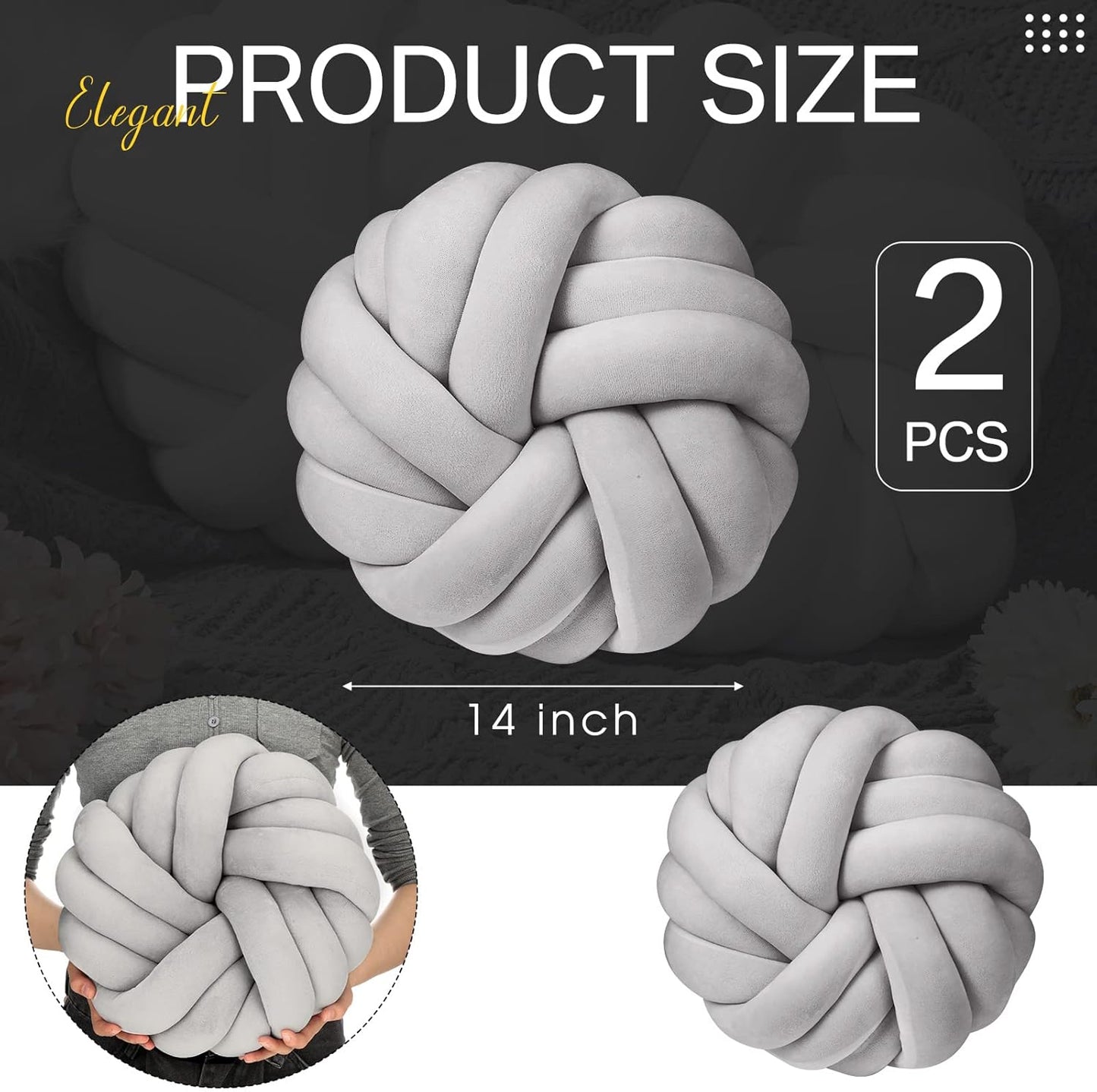 Fumete 2 Pcs 14 Inches Knot Pillow Round Throw Soft Plush Knot Ball Pillow Handmade Knotted Modern Home Decorative Cushion for Bed Bedroom, Sofa, Couch (Gray)