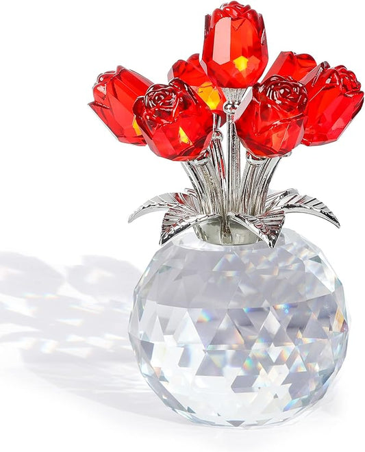 Crystal Red Rose Figurines Gifts for Women, Glass Bouquet Ornament for Mother's Day Birthday Christmas Ruby Collectible Flowers Anniversary Floral Presents for Her (Red)