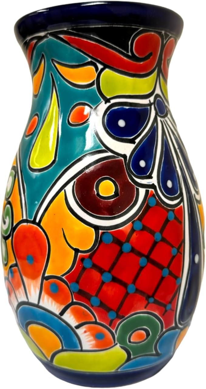 Talavera Flower Vase Folk Art Mexican Pottery Handmade Hand Painted Home Decor Indoor Multicolor Outdoor 10" (Multi 2)