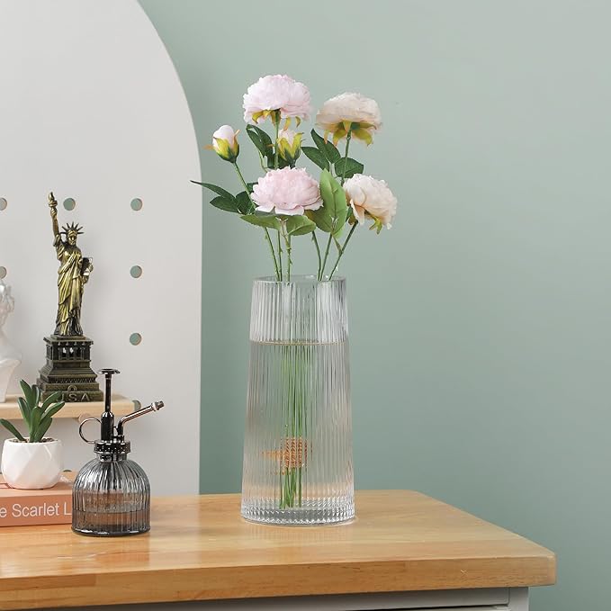 10" High Clear Glass Vase for Flower, Flower Vase for Bouquet, Ribbed Vases, Modern Glass Vase for Living Room, Bedroom, Dinning Table, Wedding, Centerpiece (Clear, 4.8"x10")