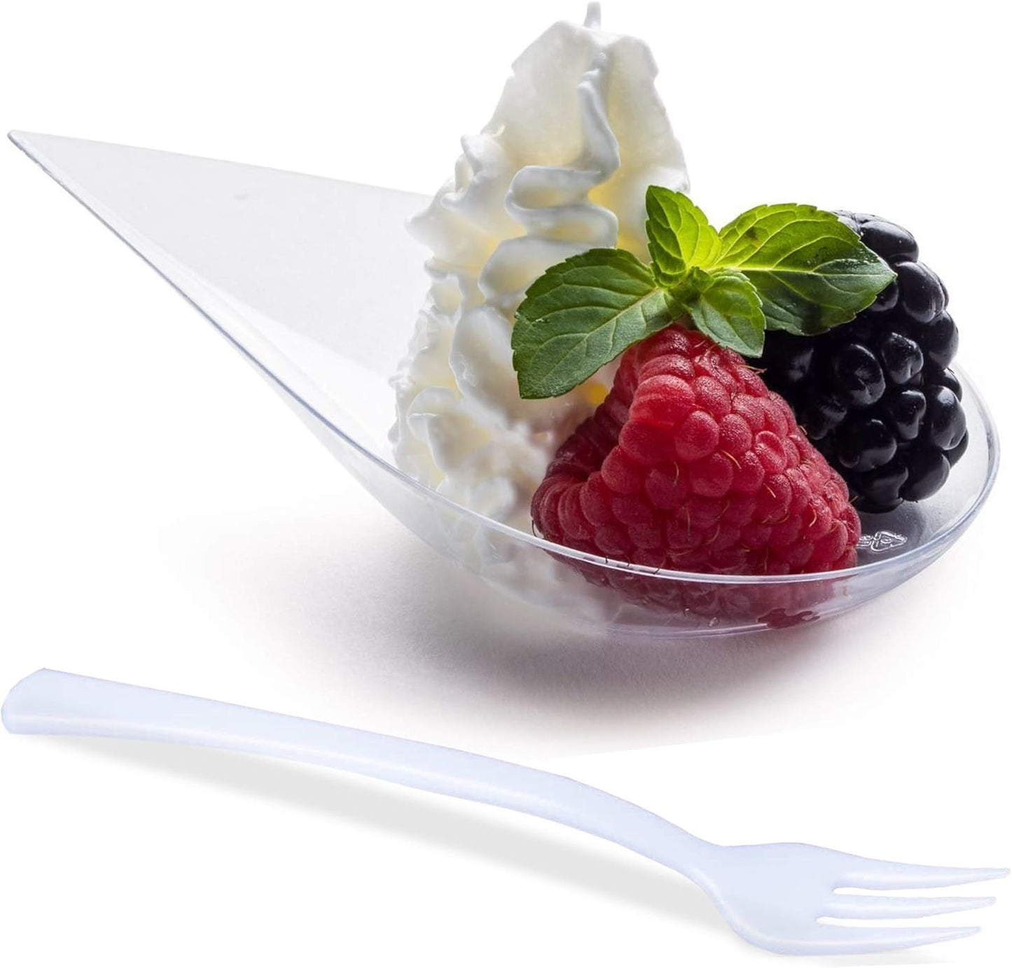 DLux 100 4-in Tear Drop Mini Appetizer Plates with Forks, Reusable Clear Plastic Spoons - Desserts and Appetizers Dishes Serving Plate - Asian Spoon Set, Small Catering Dessert Tasting Cups