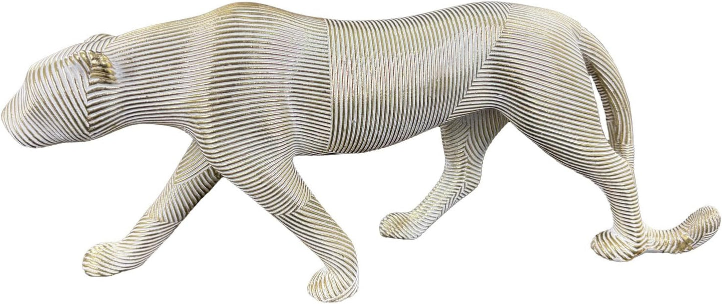 Gold Striped Leopard Statue – Modern Resin Panther Sculpture Figurine – Luxury Animal Decor for Living Room, Office, Shelf & Tabletop – Walking Cheetah Ornament