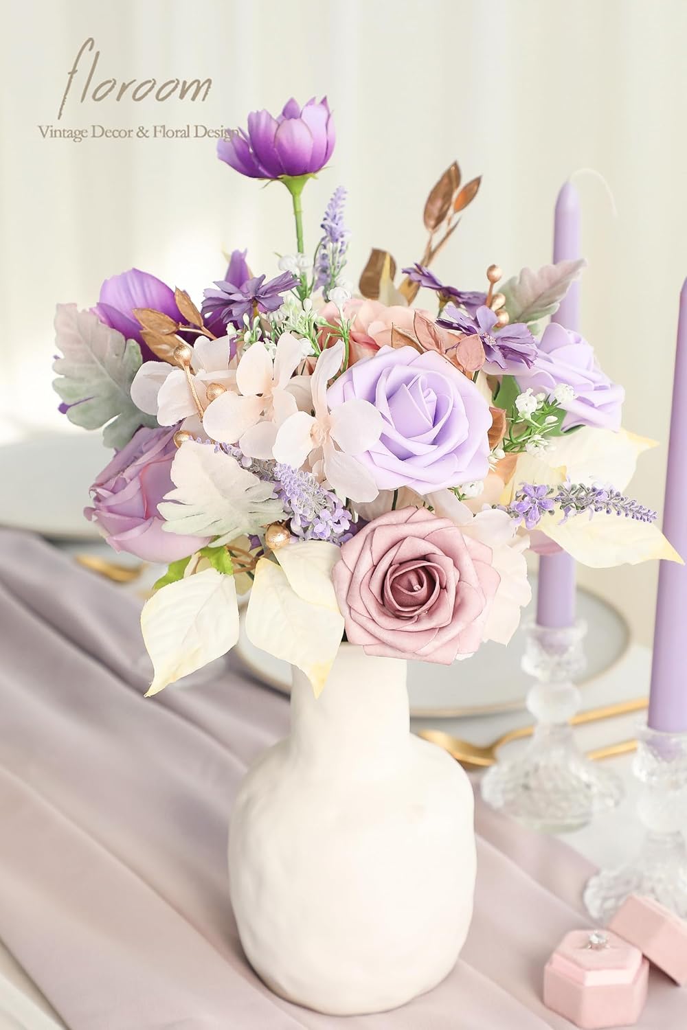 Floroom Artificial Greenery Stems Box Set, 45pcs with 9 Kinds of Faux Greenery Flowers Picks for DIY Bridal Bouquets Wedding Floral Arrangement Table Centerpieces, Lavender & Gold