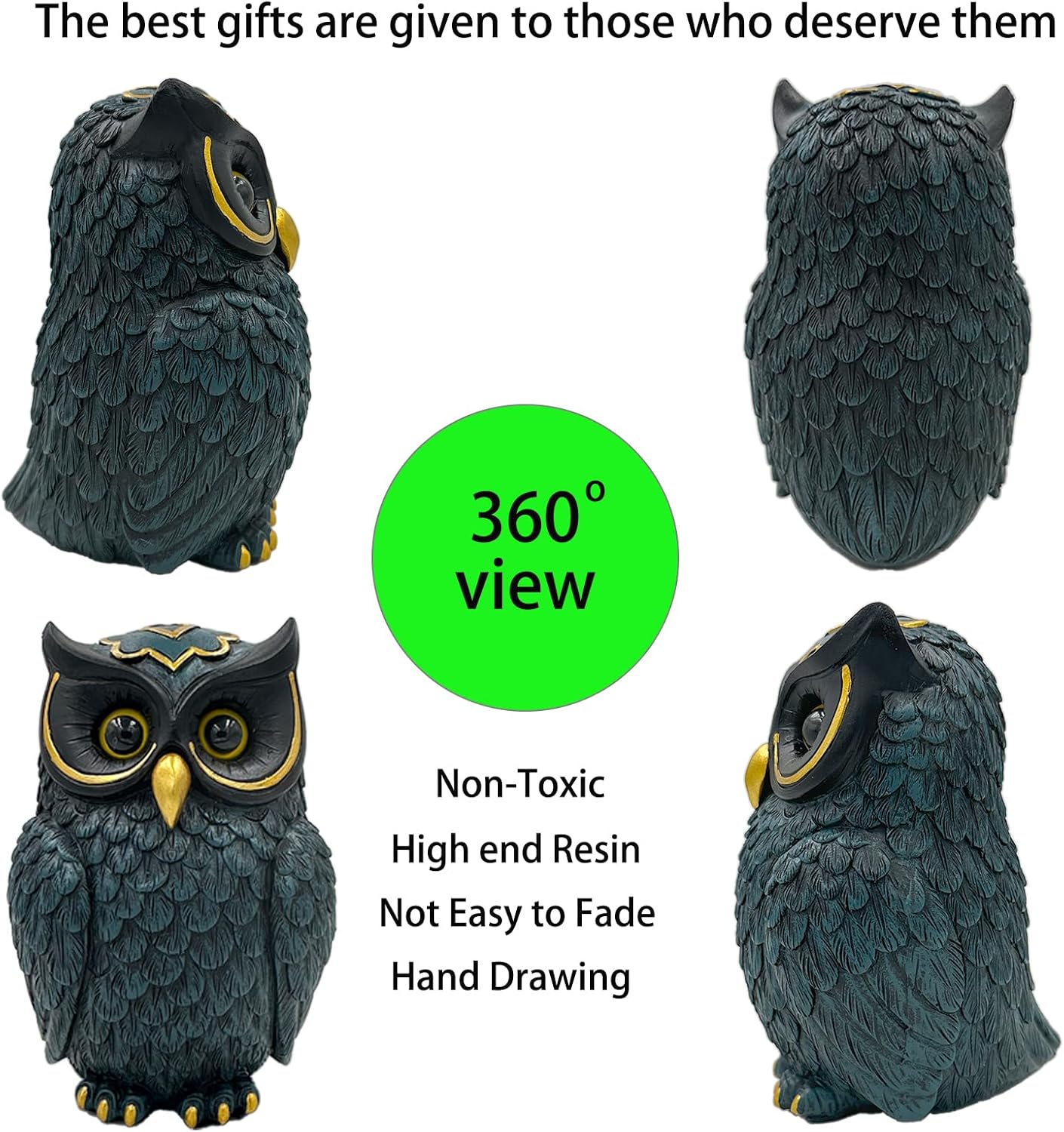 Dark Blue Owl Figurine - Gold Accent Resin Statue, 4.9 Inch Vintage Mystical Decor for Home, Office, Gift for Owl Lovers & Retro Enthusiasts