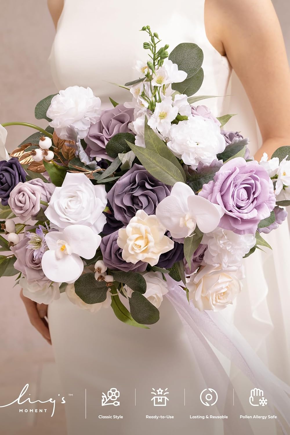 Ling's moment Lilac Wedding Bouquets for Bride, Purple Bridal Bouquets for Bride, 15 Inch Free Form Artificial Wedding Flower Bouquet