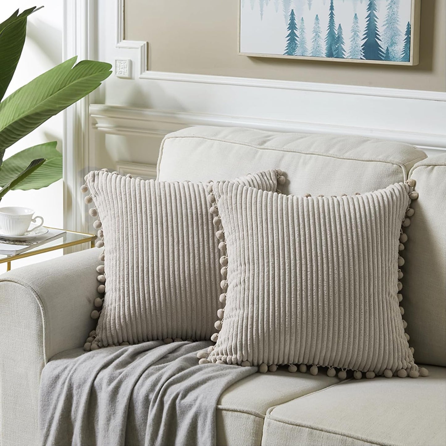 Fancy Homi 24x24 Pillow Covers, Pack of 2 Neutral Taupe Throw Pillow Covers with Pom-poms, Super Soft Corduroy Square Solid Cushion Cover for Couch Sofa Bedroom Living Room 60x60 cm