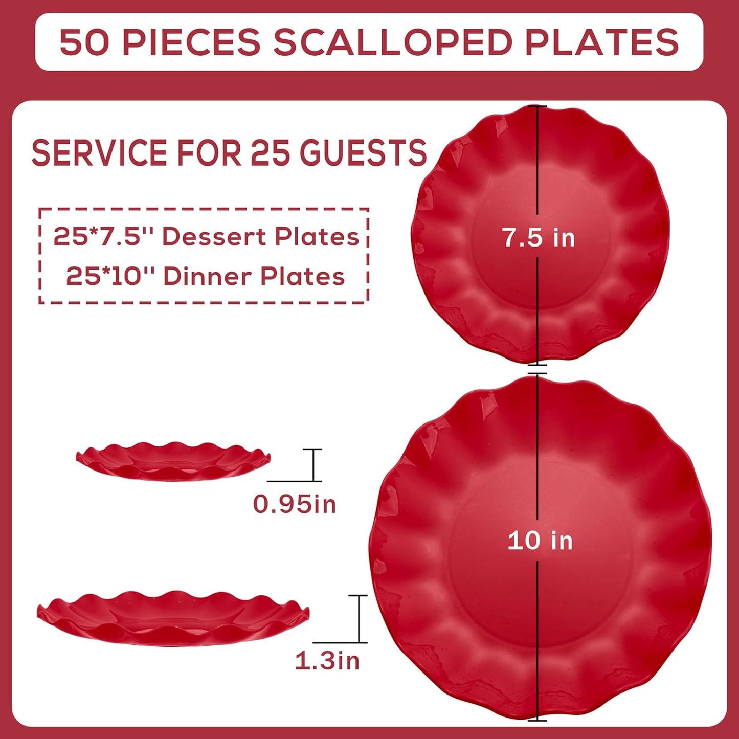 LIYH 50 Pcs Red Plastic Plates Reusable Christmas Plastic Plates Unbreakable Holiday Dinnerware Set Scalloped Plate for Christmas Day,Dishwasher Safe BPA Free (25Guests)