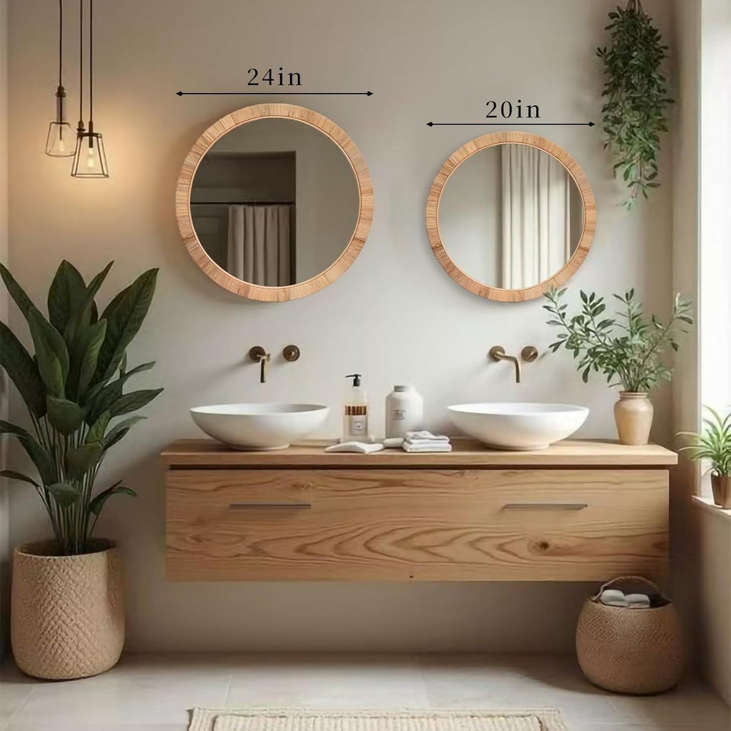 FUIN 25" Boho Chic Round Rattan Mirror - Handmade Wicker Frame - Perfect for Rustic Farmhouse Décor