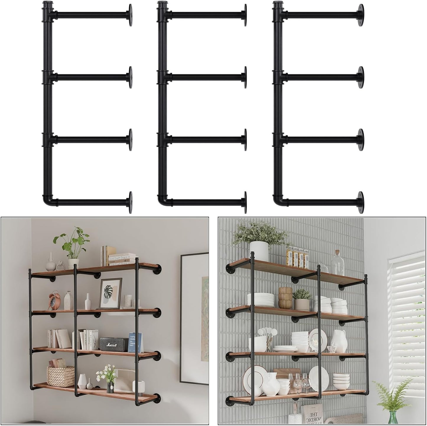 Industrial Pipe Shelf Brackets Wall Mount, Open Black Pipe Shelving for Kitchen,Floating Shelf Brackets Mount,Open Bookshelf Brackets for Shelves,Wall Shelves 12 Inch Deep,(2PcsX3Tier,47" Tal)