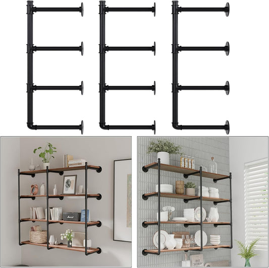 Industrial Pipe Shelf Brackets Wall Mount, Open Black Pipe Shelving for Kitchen,Floating Shelf Brackets Mount,Open Bookshelf Brackets for Shelves,Wall Shelves 12 Inch Deep,(2PcsX3Tier,47" Tal)