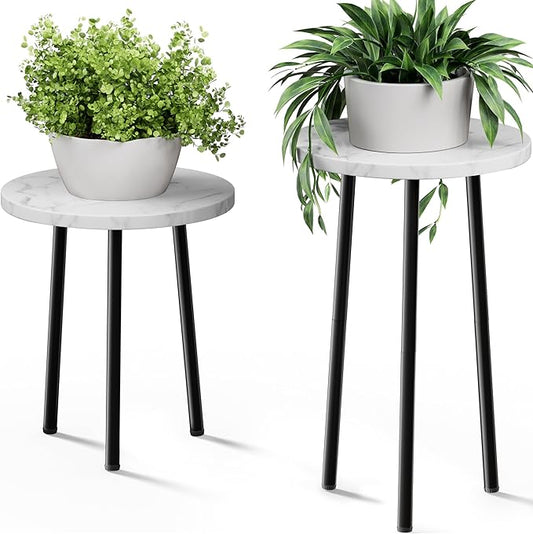 Plant Stand Indoor Tall: Corner Wood Plant Stand 2 Pack Mid Century Modern Decor - Small Round Plant Table for Indoor Plants - Outdoor Plant Holder for Patio Living Room Bathroom Office (White Marble)