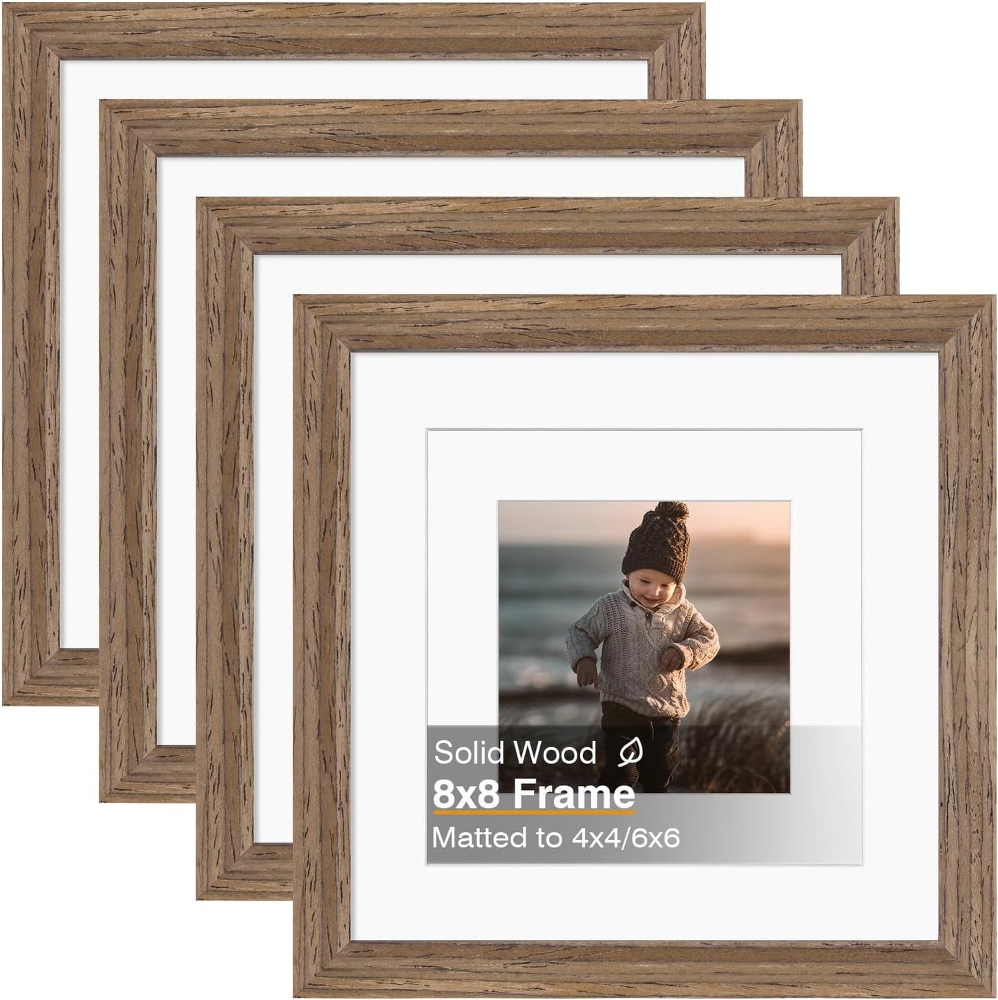 KINLINK 8x8 Picture Frame, Brown Square Solid Wood Frames for Pictures 4x4 and 6x6 with Mat or 8x8 without Mat, Wall and Tabletop Display Photo Frames Brown Wood 4 Pack