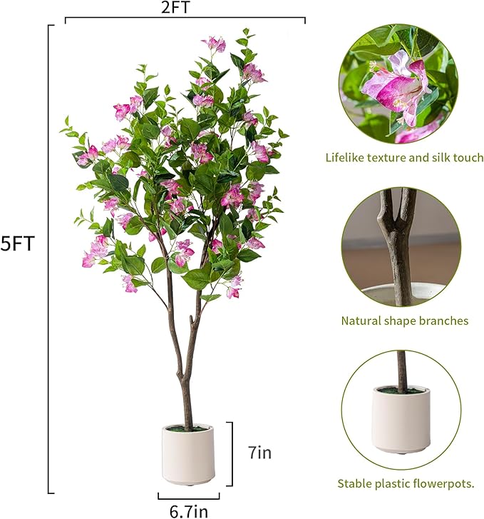 5FT Artificial Bougainvillea Tree Artificial Tree Tall Potted Fake Bougainvillea Trees for Outdoor Indoor Lifelike Potted Faux Plants with Wood Trunk and Flowers Office Wedding Home Decor