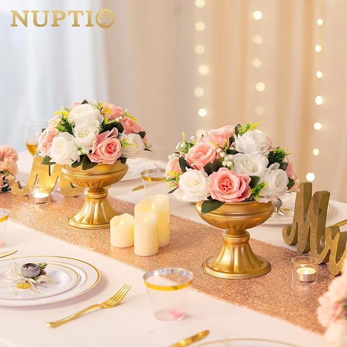 Nuptio Gold Vases for Centerpieces - 10 Pcs, 6.5in Height Metal Urn Planter Elegant Wedding Centerpieces for Tables - Trumpet Vase for Weddings and Party Decoration