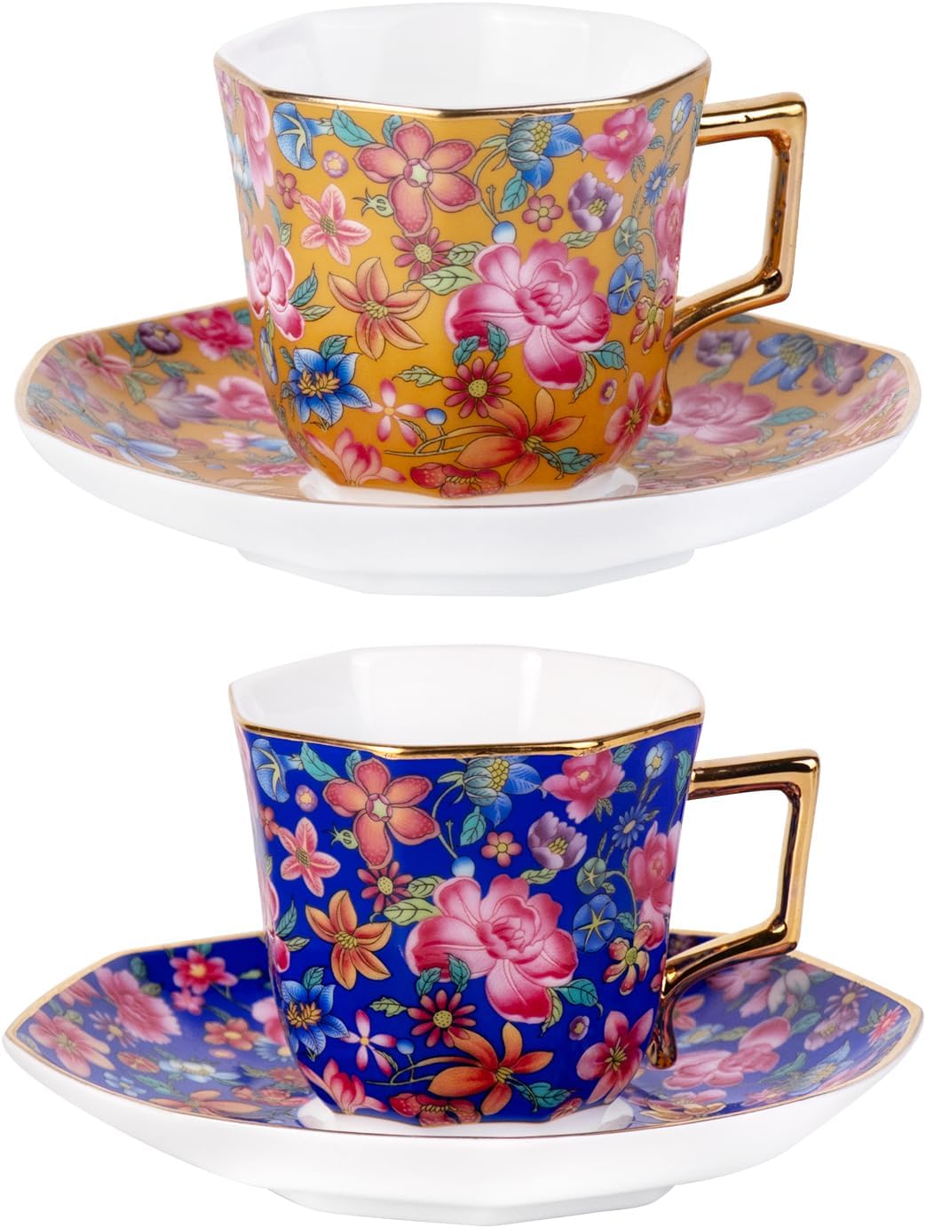 KAMMAK Tea Cups and Saucers Set of 2, Porcelain Coffee Cup with Saucer for Espresso, Cappuccino, 4.5oz Vintage Yellow and Blue Ceramic Demitasse Mug for Home, Tea Party, Office