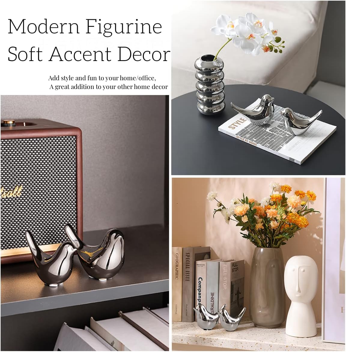 FANTESTICRYAN Small Birds Statues Gold Home Decor Modern Style Figurine Decorative Ornaments for Living Room, Bedroom, Office Desktop, Cabinets (M&L, Silver)