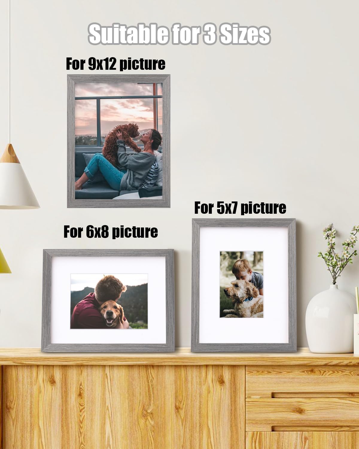 Egofine 9x12 Picture Frames Set of 4, Made of Solid Wood Covered by Plexiglass 5x7 and 6x8 with Mat or 9x12 without Mat, for Table Top Display and Wall Mounting Photo Frame Light Grey