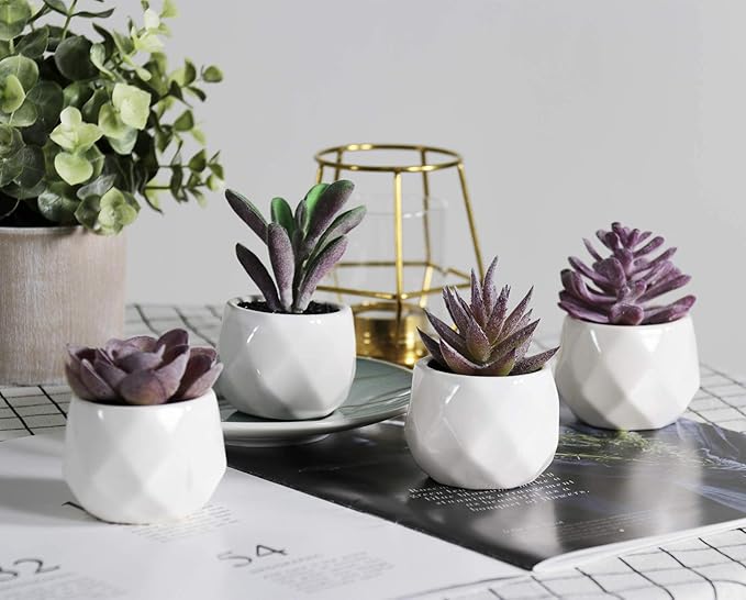 Tiita Purple Artificial Faux Succulents in Pots, Mini Purple Fake Plants for Women Desk, Small Realistic Faux Succulents for Home Office Accessories Window Sill Bathroom Bedroom 4 Set