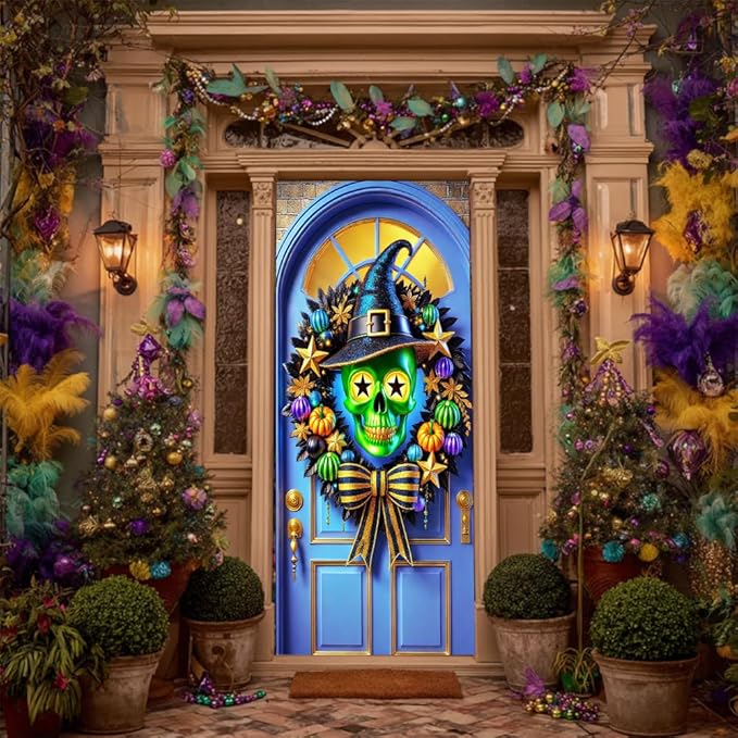 2D flat Funny Green Monster Christmas Door Banner Holiday Front Door Decorations for Indoor Outdoor Xmas Party Door Cover 71x35 Inch