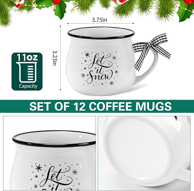 Zubebe Christmas Coffee Mugs Set of 12, 12 oz Hot Cocoa Ceramic Holiday Mugs Set for Mom, Woman, Family, Friend - Farmhouse Tiered Tray Decor, Coffee Bar Decor(Dark Green, Red, White,Classic)
