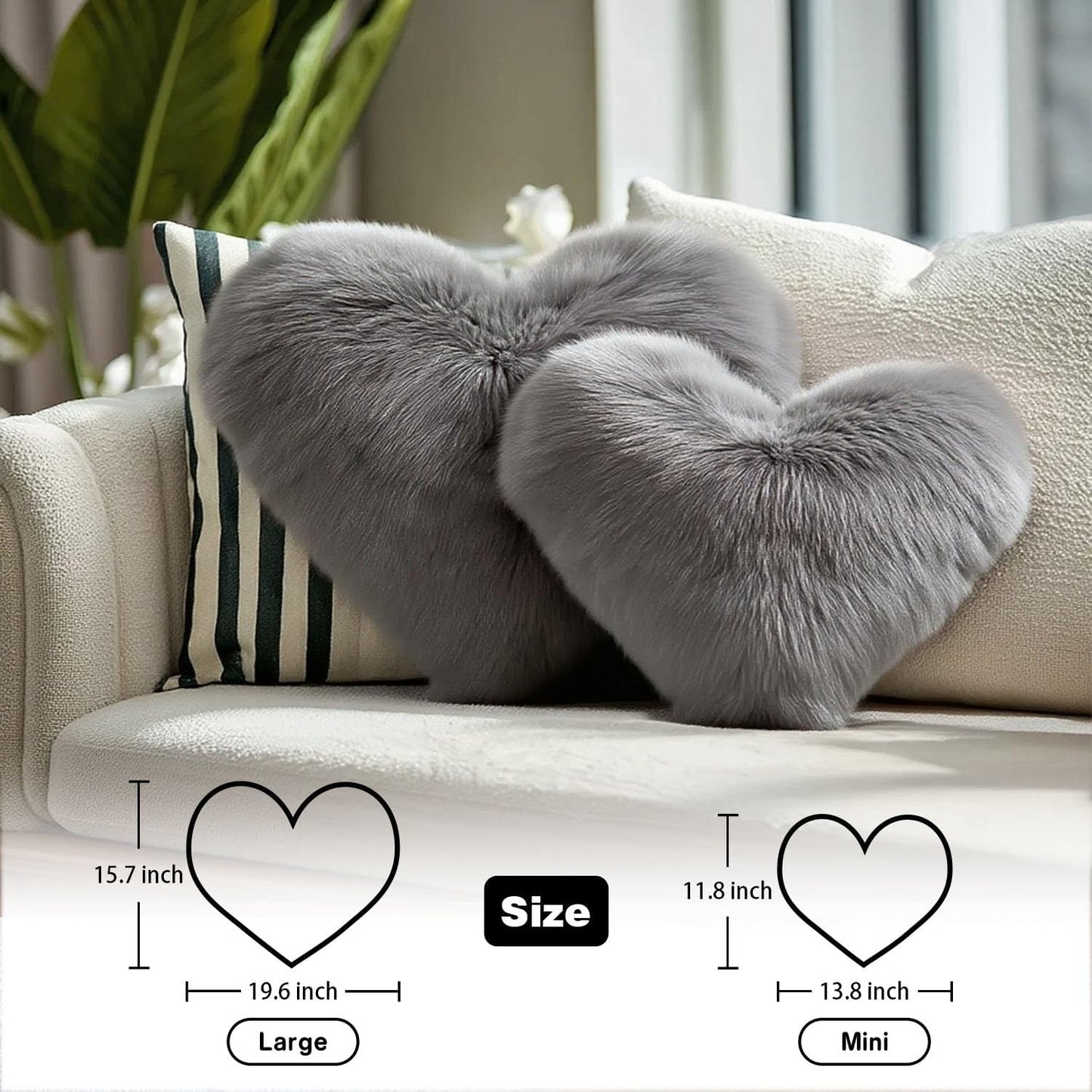 Grey Heart Pillow, Faux Fox Fur Heart Decorative Pillows, Heart Shaped Throw Pillow for Bed, Soft Fluffy Decorative Cushion for Chair Sofa Living Room - Plush Pillow Home Decor