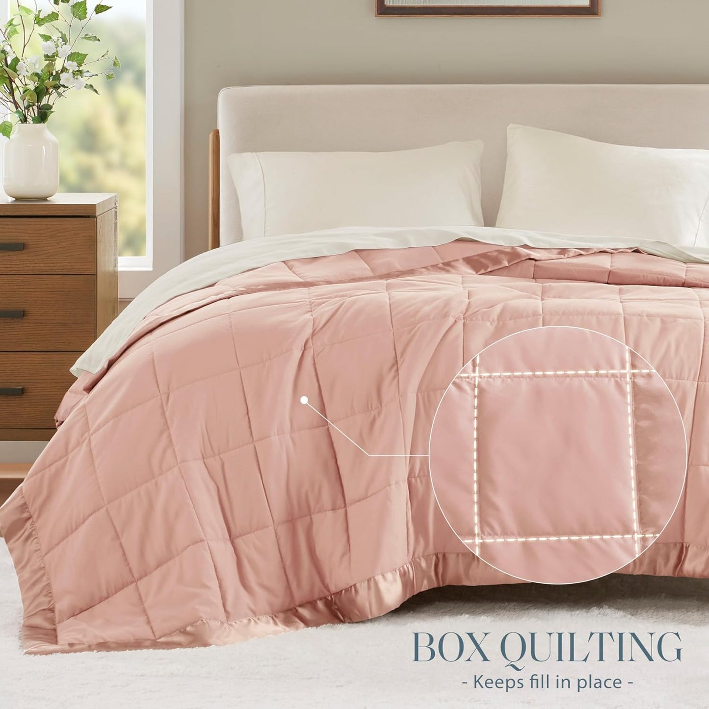 Madison Park Windom Down Alternative Blanket, Premium 3M Scotchgard Moisture Wicking Treatment, Lightweight and Soft Bed Cover For All Season, Satin Trim, Blush Full/Queen