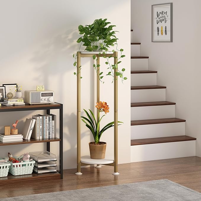 Plant Stand Indoor Corner Tall 2 Tier Metal Modern Flower Storage Plant Shelf Holder for Living Room Balcony Garden,Gold (2 Tier-Gold Round)