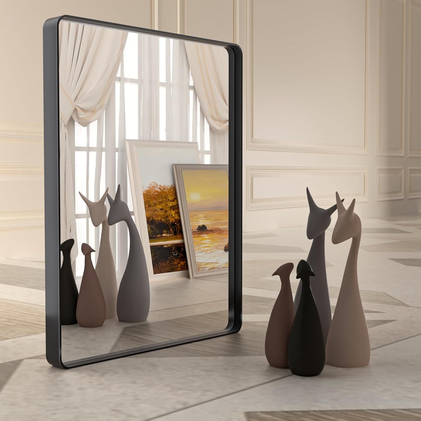 Black Metal Framed Bathroom Mirror 38X38 Inch,Matte Black Vanity Mirror,Tempered Glass,Round Corner,Farmhouse,Decorative Wall Mounted Rectangle Mirror