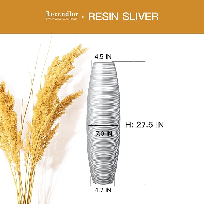 Tall Floor Vase, 27.5 inches (70cm, 2.3FT) Tall Vases Sturdy, Luxury, Textured for Decorative Branches Dried Flowers, Floor Vase for Rustic Living Room, Modern Decor, Resin Silver Vases