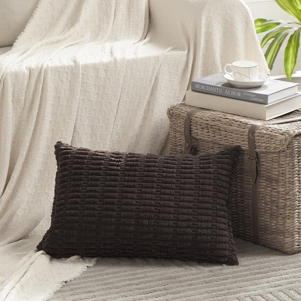 Fancy Homi 4 Packs Boho Dark Brown Decorative Throw Pillow Covers 14x24 Inch for Living Room Couch Bed Sofa, Rustic Modern Farmhouse Home Decor, Soft Plush Corduroy Cute Square Cushion Case 35x60 cm