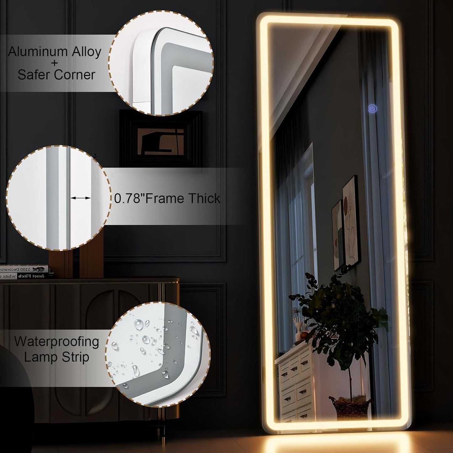 GLSLAND LED Full Length Mirror 64" x 21" Floor with Stand Wall Mounted Hanging Full Body Mirror with Lights Free Standing for Bedroom Living Room Bathroom, White