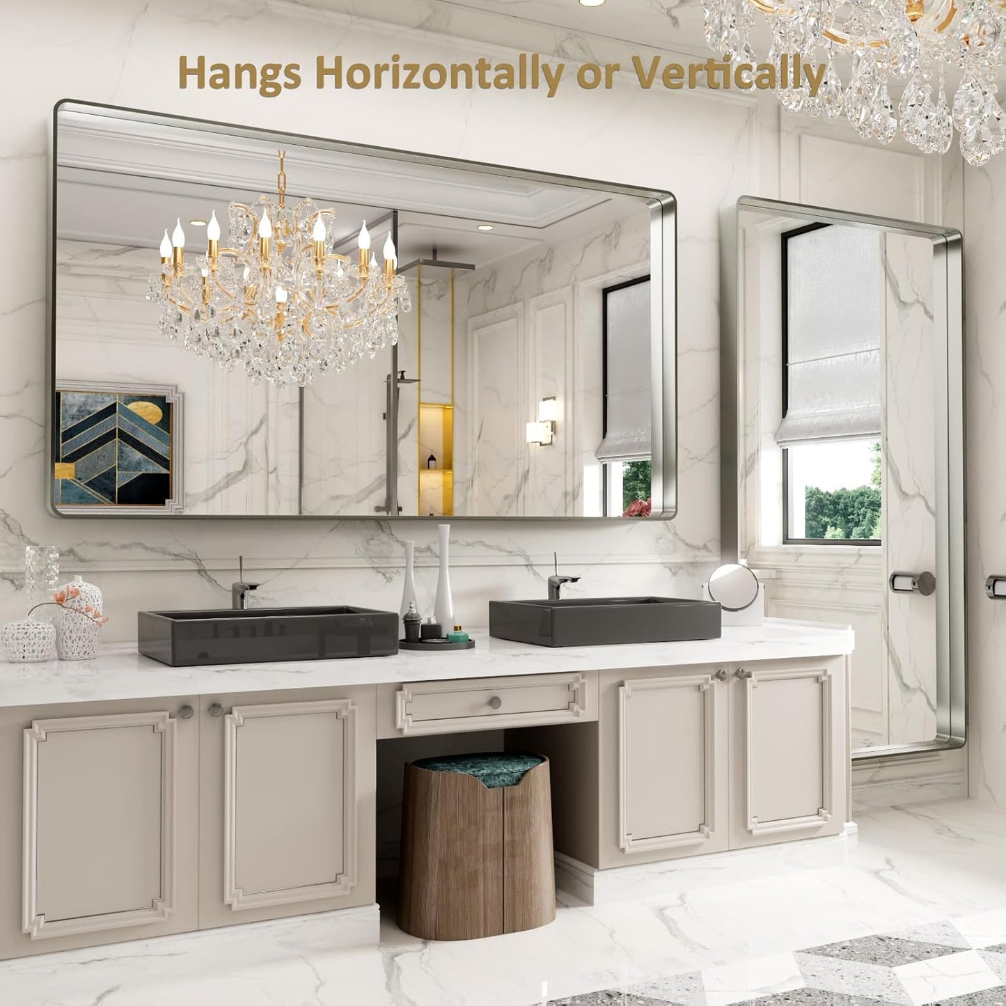 LOAAO 72X40 Inch Brushed Nickel Bathroom Mirror, Rounded Rectangle Silver Metal Frame Mirror, Brushed Nickel, Anti-Rust, Hangs Horizontally or Vertically