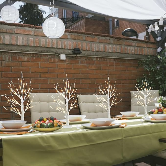 Vanthylit Christmas Tree Decorations, White Birch Tree with LED Lights- Set of 4, Warm White Small Tree Lights Battery Powered/USB, Timer Lighted Tree for Home Wedding Indoor Outdoor Decor (2 FT)