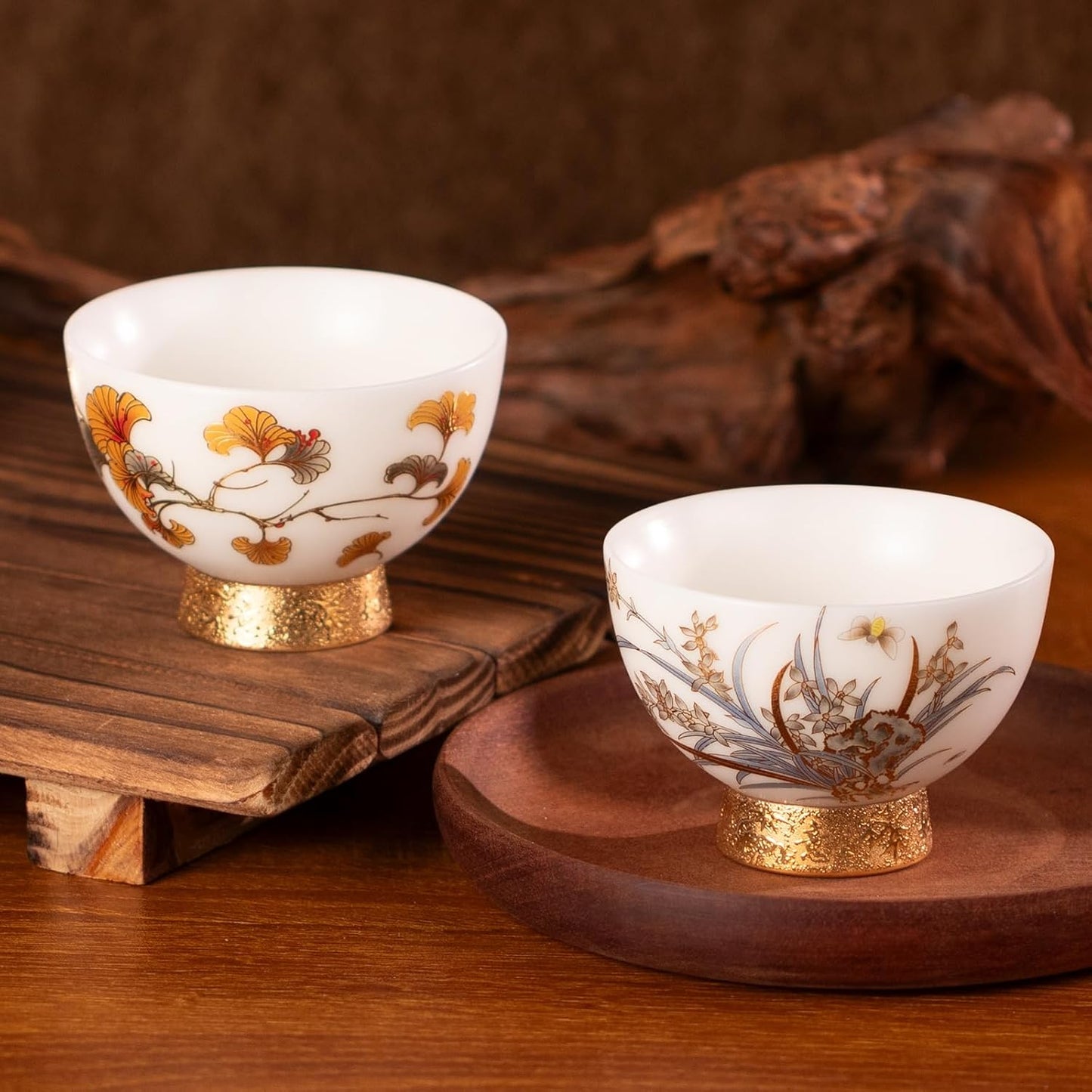 KAMMAK Ceramic Tea Cups Small, Cute Vintage Coffee Cup Set of 2, Porcelain Teacups Espresso Mug, 2.9oz Hand Painted Chinese Afternoon Tea Party Mugs, Birthday Gift for Women Men, High Footed