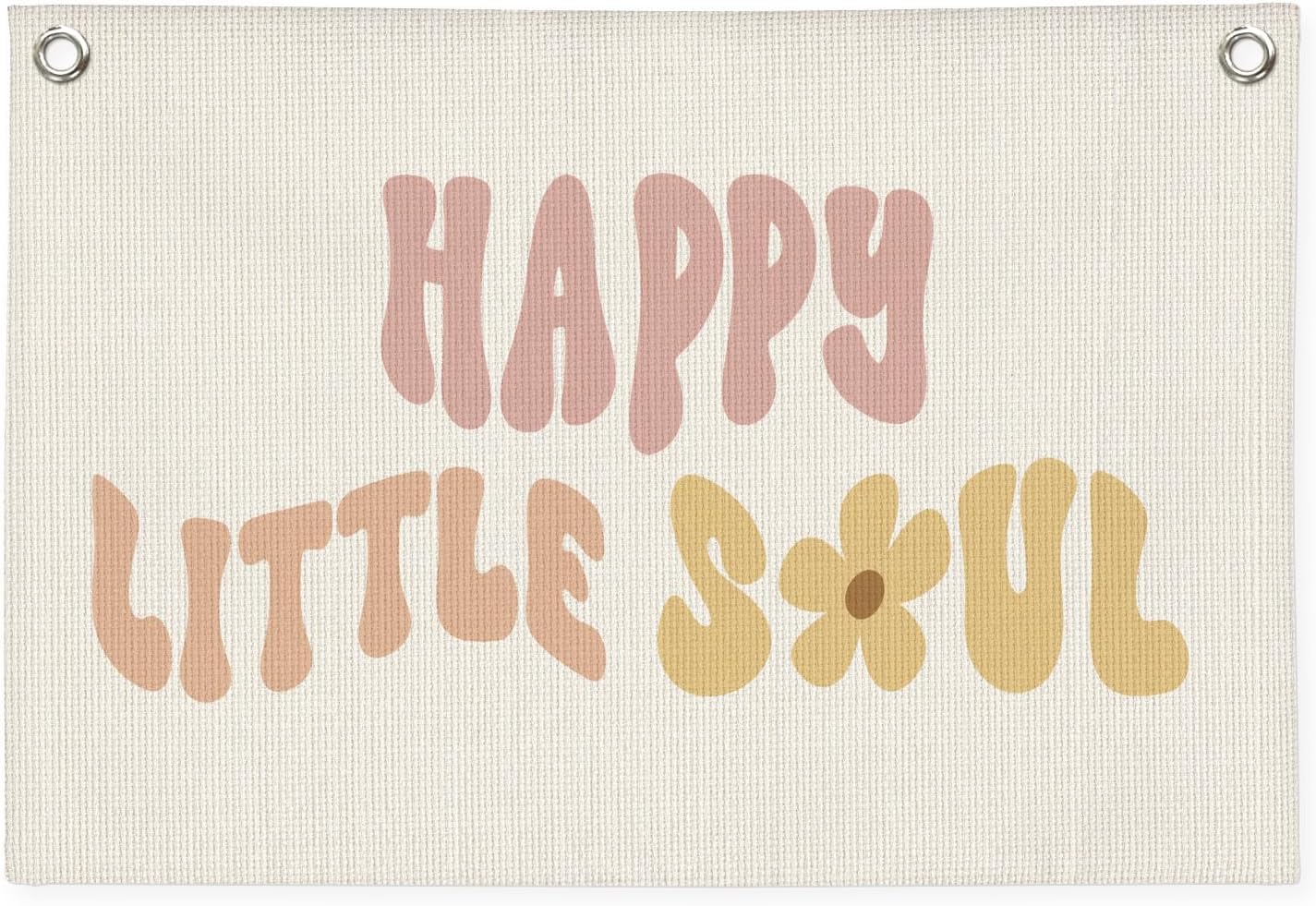 Girls Nursery Decor,Baby Girl Wall Decor,Happy Little Soul Linen Canvas Banner – Boho Inspirational Wall Hanging for Kids Room, Nursery and Playroom – 30x20 Inch