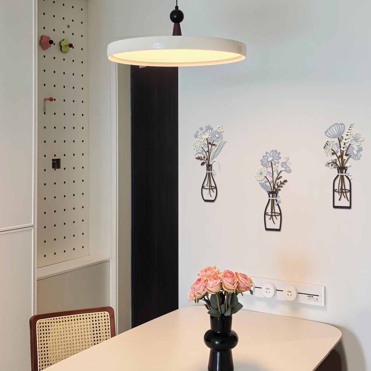 Iron Metal Vase Flower Wall Art Minimalist Black Floral Decor for Living Room Bedroom Kitchen, Office Garden - Modern Farmhouse Home Decor & Housewarming Gifts (Beige-Blue No Text)