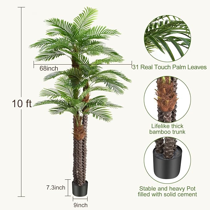 10ft Tall Artificial Palm Tree for Outdoors - Triple Phoenix Palm, UV Resistant, Large Fake Silk Palm Tree - Perfect for Patio, Poolside, Home Indoor Aesthetic Decor