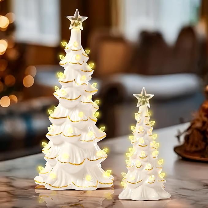 WDS WONDROUS Ceramic Christmas Tree Tabletop - White and Gold Accents 2PCS Table Top Christmas Trees with Lights Prelit - Small Xmas Tree Figurines Home Mantel Desk Centerpieces
