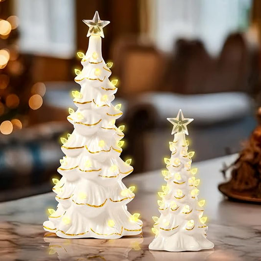 WDS WONDROUS Ceramic Christmas Tree Tabletop - White and Gold Accents 2PCS Table Top Christmas Trees with Lights Prelit - Small Xmas Tree Figurines Home Mantel Desk Centerpieces