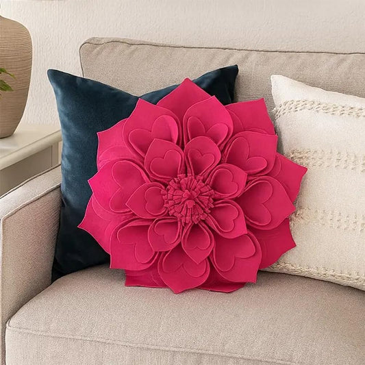 Fennco Styles Handmade 3D Heart-Shaped Petals Flower Decorative Throw Pillow Cover Only - 13" Round Fuchsia Floral Pillow Case for Couch, Home Décor and Holiday, Housewarming Gift