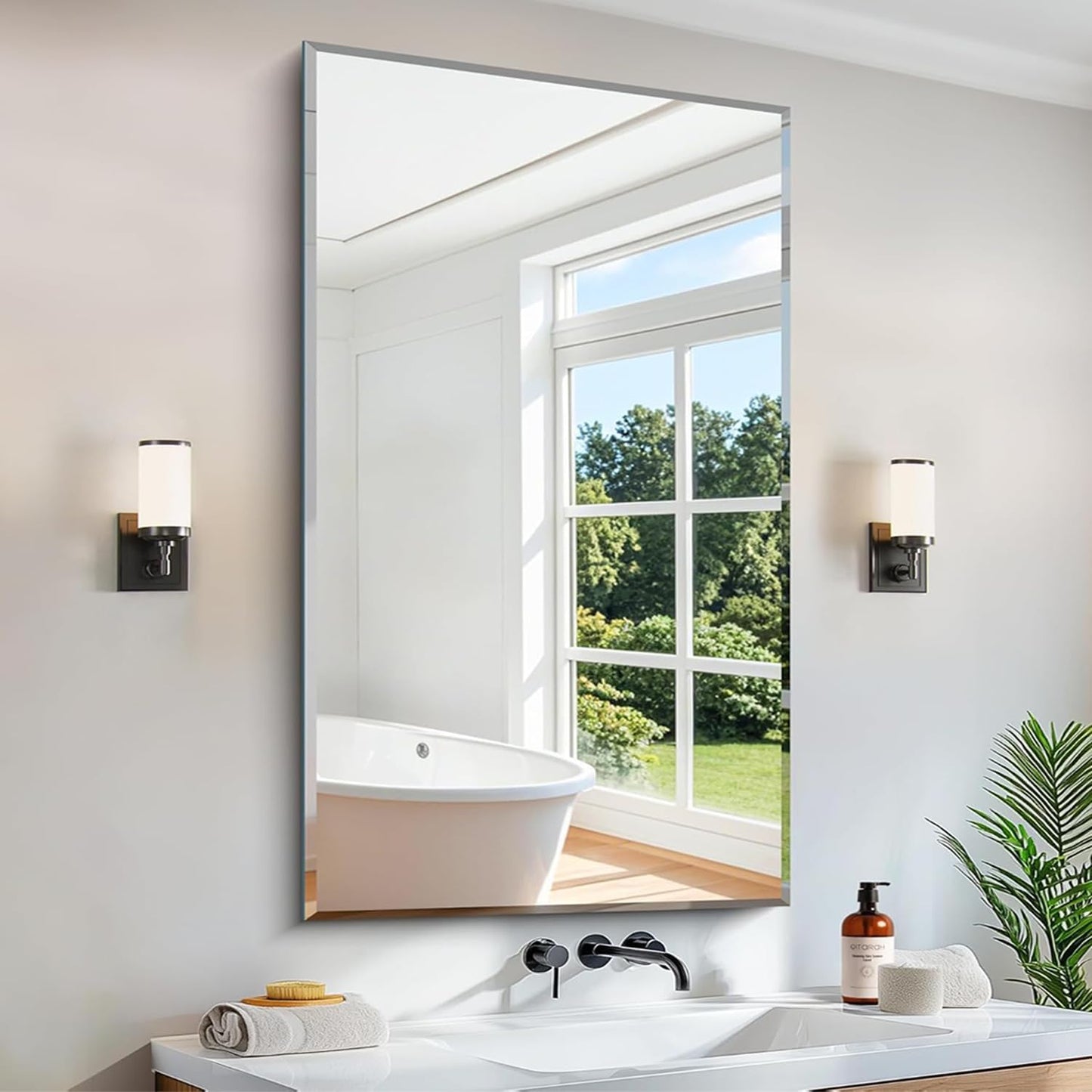Beveled Bathroom Mirror, 24x40 Large Frameless Mirrors for Over Sink, Upgraded Shatterproof Beveled Frameless Vanity Mirror for Bathroom,Bedroom,Living Room and Entryway
