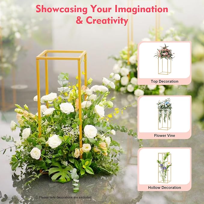 4 Pcs Metal Flower Stand for Wedding Centerpieces Stand Column Vases Wedding Flower Stand Rectangular Geometric Gold Centerpieces Stands for Wedding Decorations Home Party Event (4Pcs)
