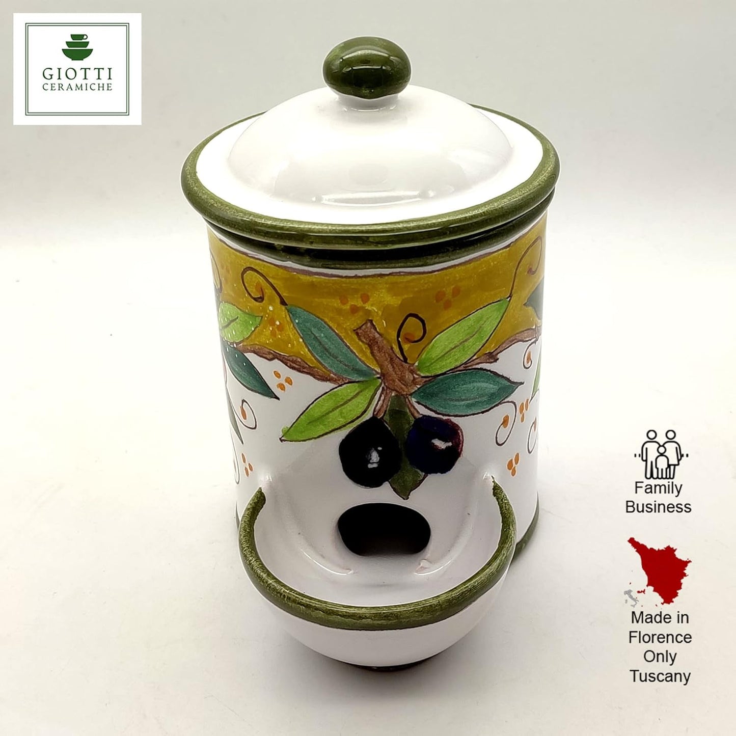 Italian Ceramic Salt Keeper - Hand Painted kitchen Storage Salt Jar with lid Tea Coffee and Spices- Made in ITALY Tuscany - Italian Pottery - Home Decor Olive