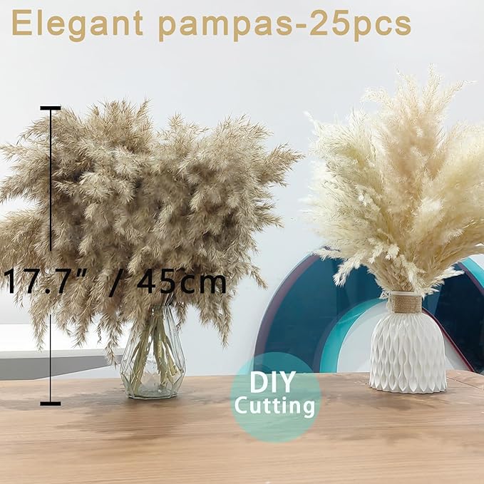 25 Stems Home Decor - Natural Dried Pampas Grass, Brown Pompas Grass, Dry Small Pampas Bulk for Living Room Table Decor, Boho Decor, Party Wedding Decor , Gift(17.7 inch, 20 Brown & 5 Female Pampas )