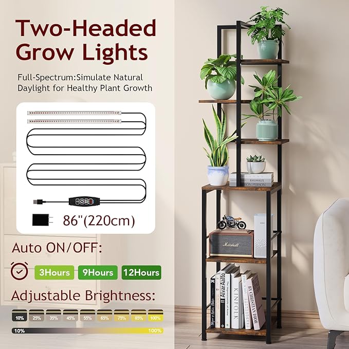 Plant Stand Indoor with Grow Light, 6-Tiered Tall Plant Stand Indoor, Metal Plant Shelf with Bookshelf Bookcase and Adjustable Light, Ideal for Living Room, Reading room, Garden, Patio (Brown)