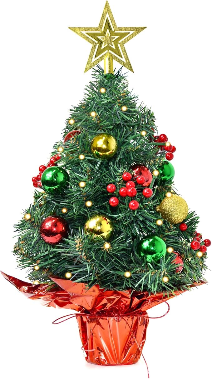 Tabletop Christmas Tree with LED String Lights,22In Pre-Decorated Mini Artificial Christmas Tree for Desktop,Star Treetop and Colored Oranments for Home Indoor Holiday Christmas Decoration-Yellow