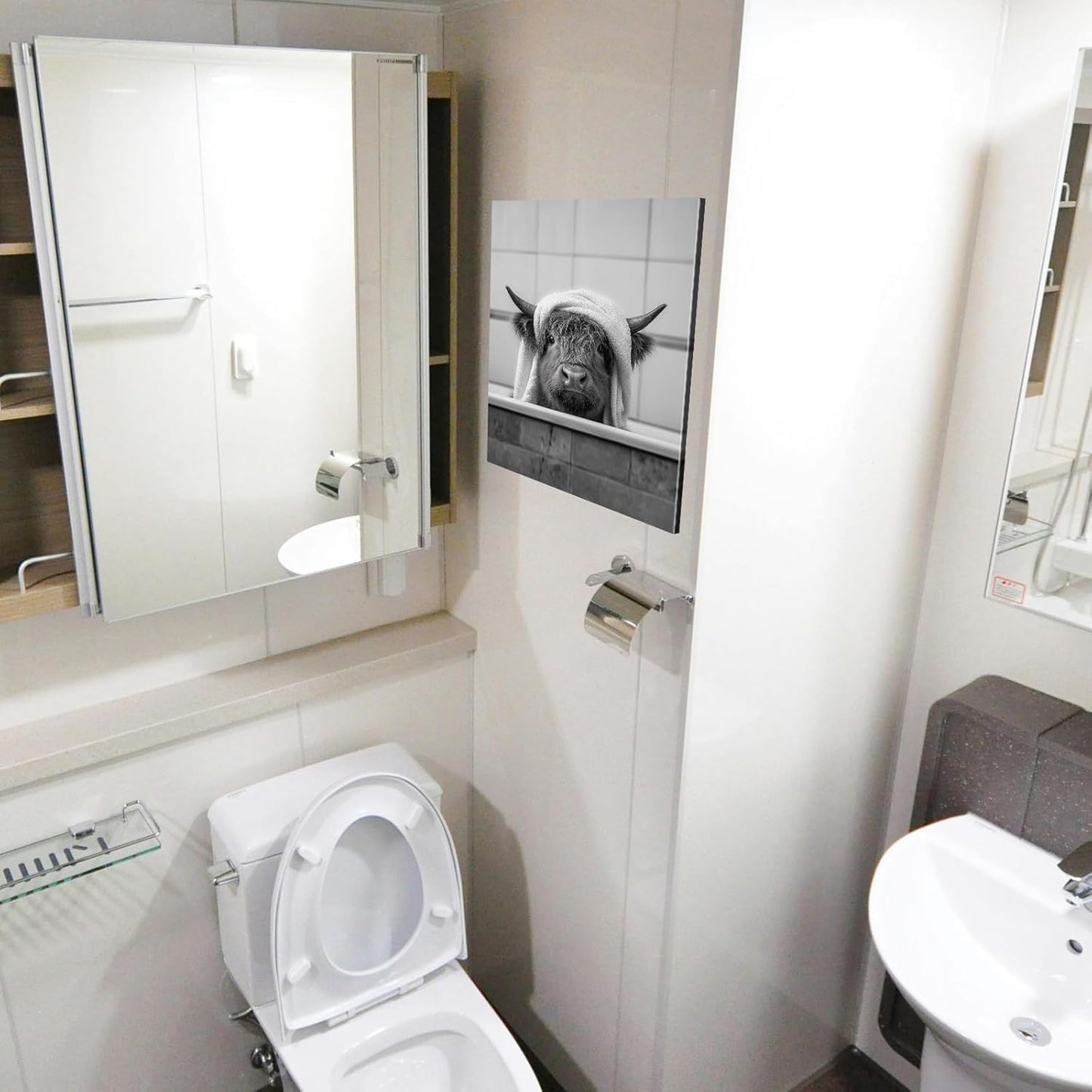 Funny Highland Cow Wall Art with Wooden Frame Ready to Hang - 12x15.7 Inch Waterproof Funny Decor Bathroom Decor, Bathroom Highland Cow Pictures Wall Art for Room