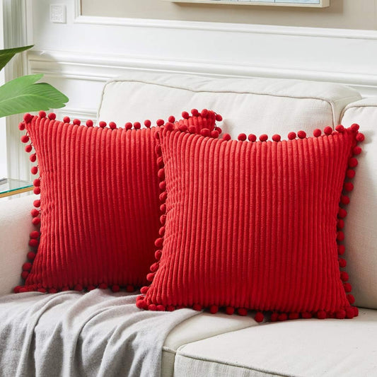Fancy Homi Pack of 2 Christmas Corduroy Decorative Throw Pillow Covers with Pom-poms, Euro Pillow Solid Square Big Cushion Case Set for Couch Sofa Bedroom Car Living Room (24x24 Inch/60x60 cm, Red)
